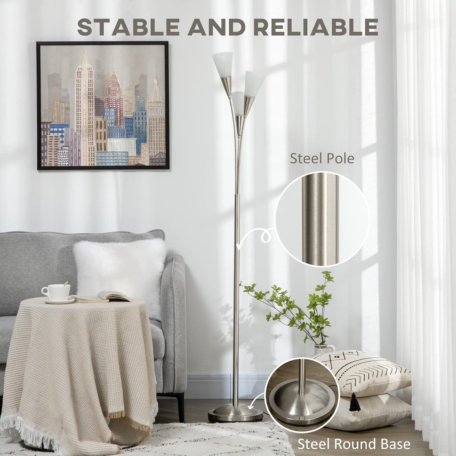 3 Light Silver Floor Lamp Modern Upright Standing Reading Lamp Living Room
