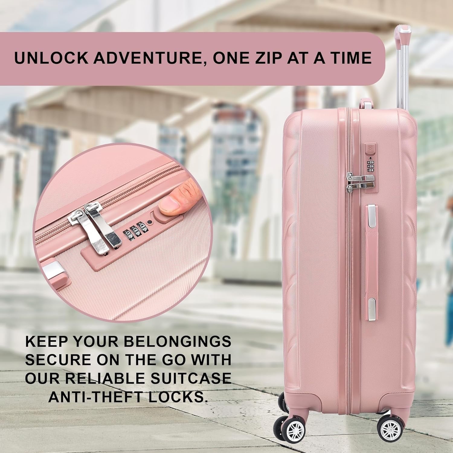 20 Inch Cabin Carry On Hard Shell Suitcase 4 Spinner Wheels Lock Rose Gold