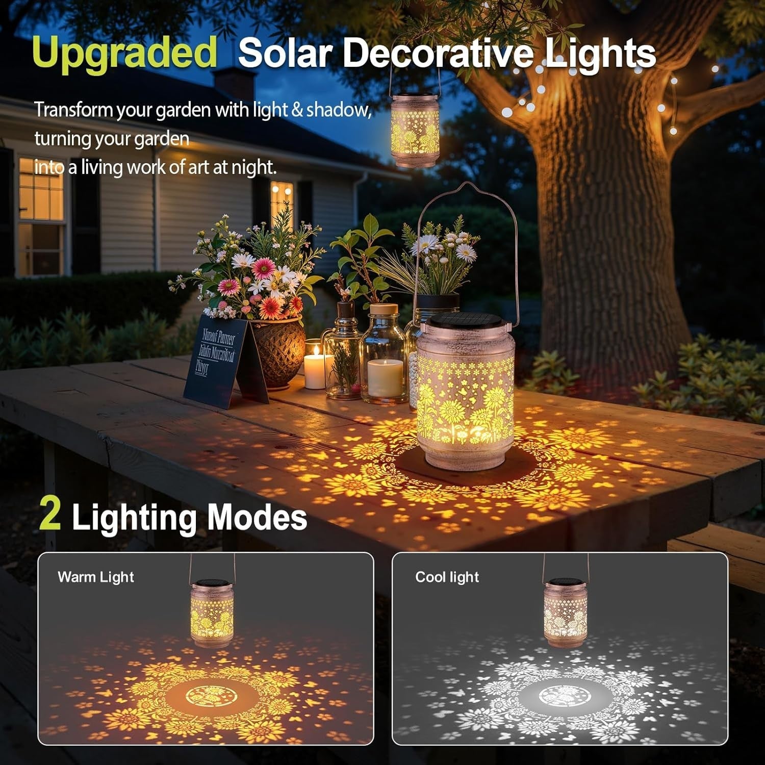 2 Pack Solar Sunflower Lanterns Outdoor Garden Lights • Waterproof Hanging Decor