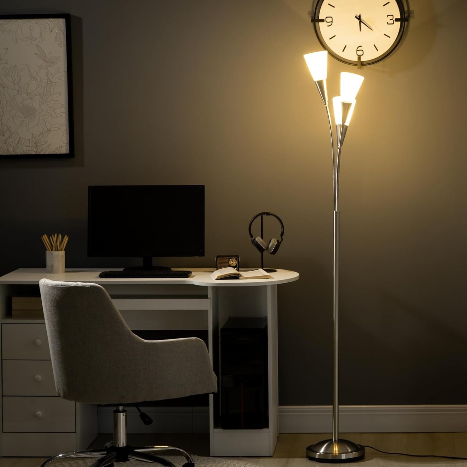 3 Light Silver Floor Lamp Modern Upright Standing Reading Lamp Living Room