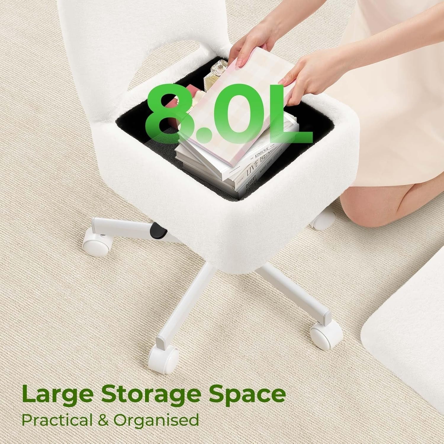 White Furry Vanity Chair with Storage Swivel Adjustable Height & Wheels