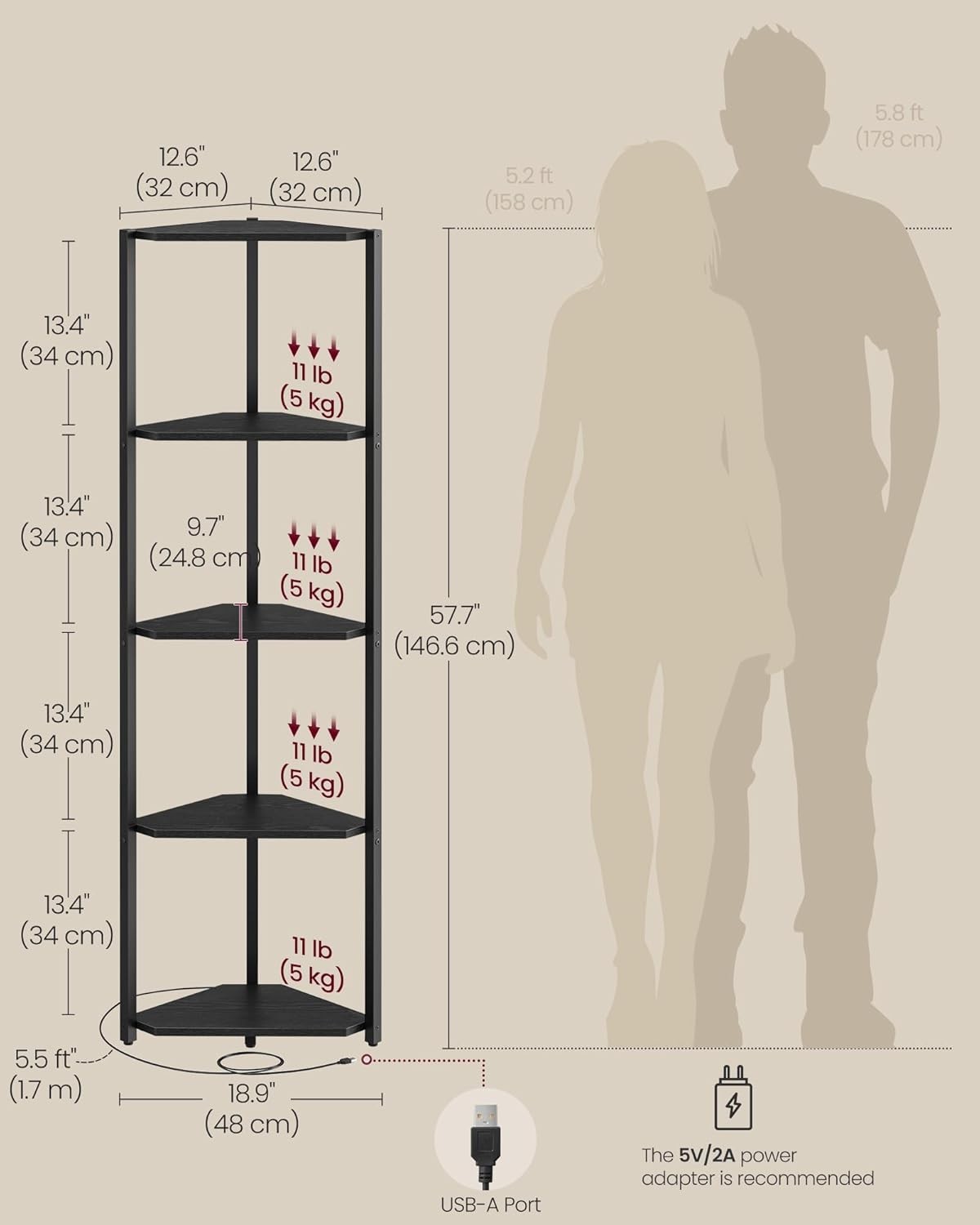 5-Tier Corner Shelf with LED Lights | Modern Slim Display Unit for Living Room