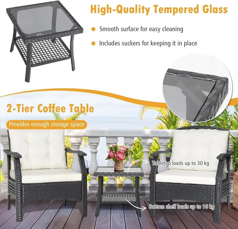 3pc Rattan Bistro Garden Furniture Set with Cushions & Glass Coffee Table