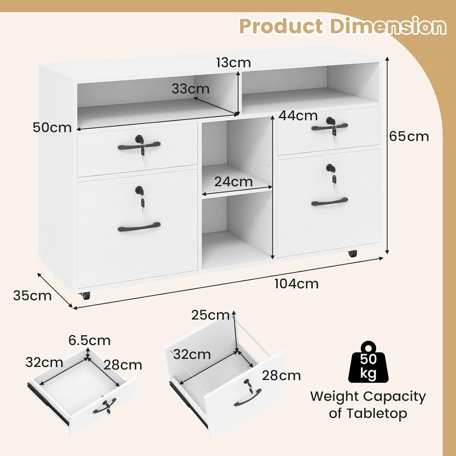 Wide Mobile File Cabinet 4 Drawer Lockable Lateral Printer Stand