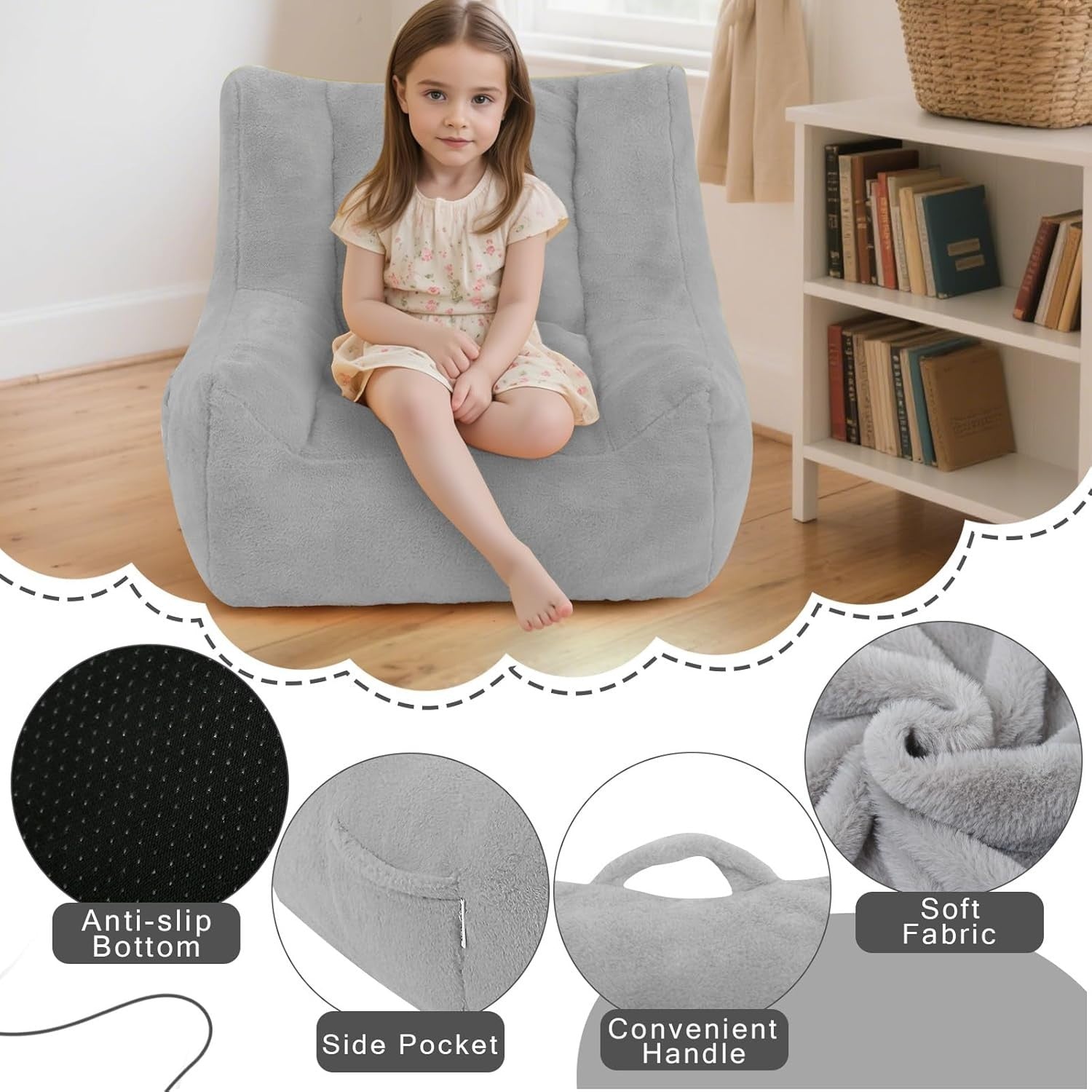 Kids Bean Bag Chair Sofa Grey | Comfy Toddler Seat Foam Filled Soft