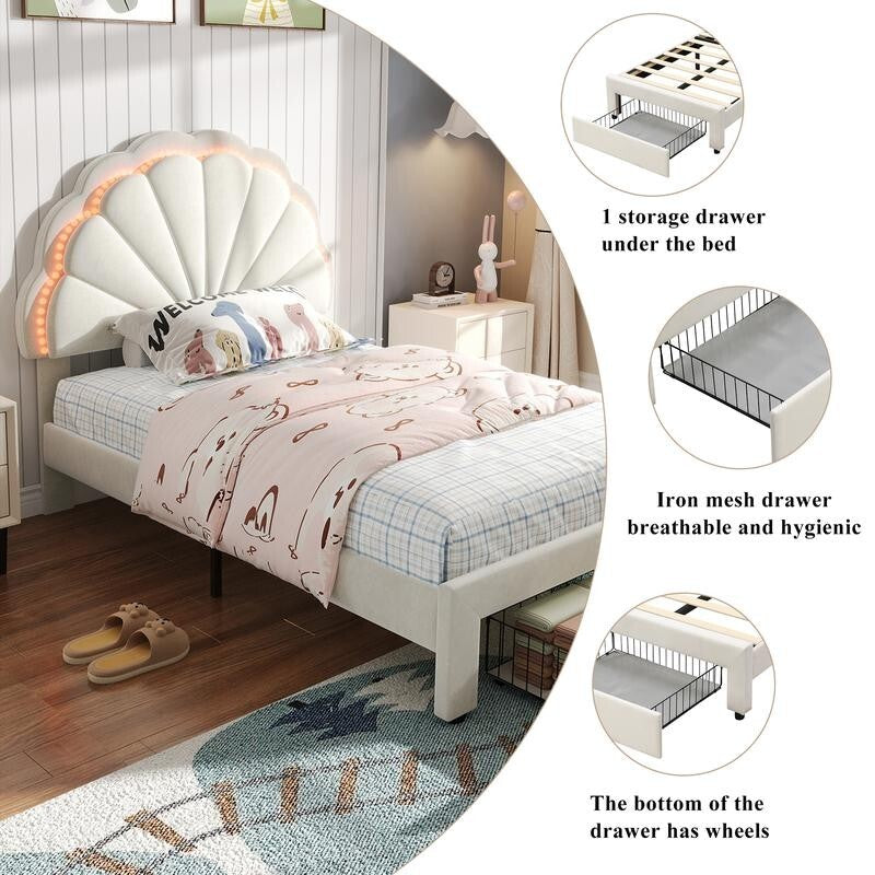 3FT Shell Single Bed with LED Lights & Drawer – Velvet Kids Teen Bed Beige