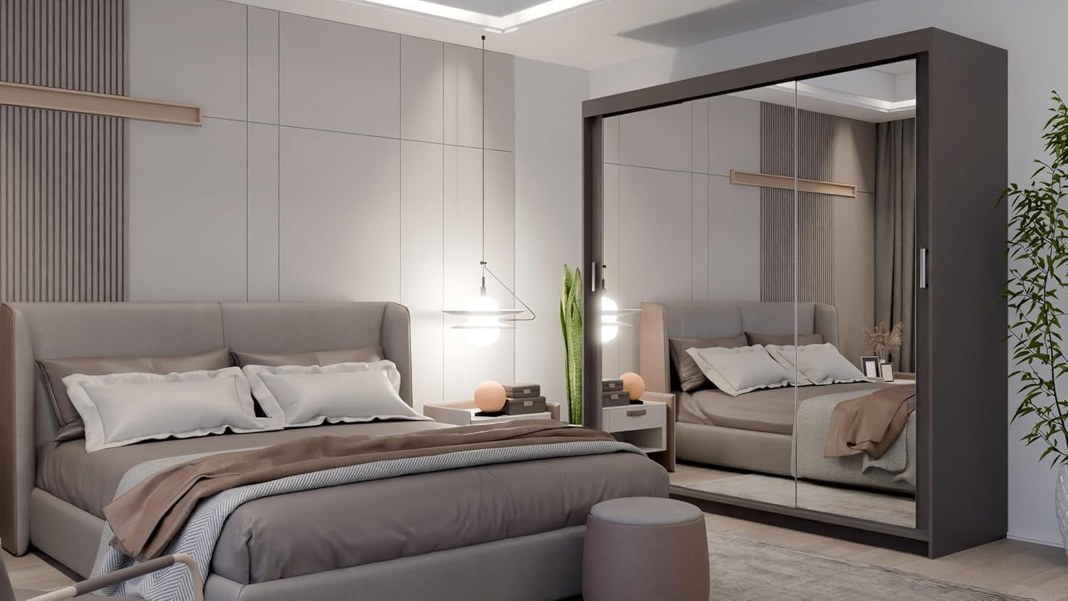 Grey Sliding Mirror Wardrobe 200cm 4 Drawers Modern Bedroom Storage