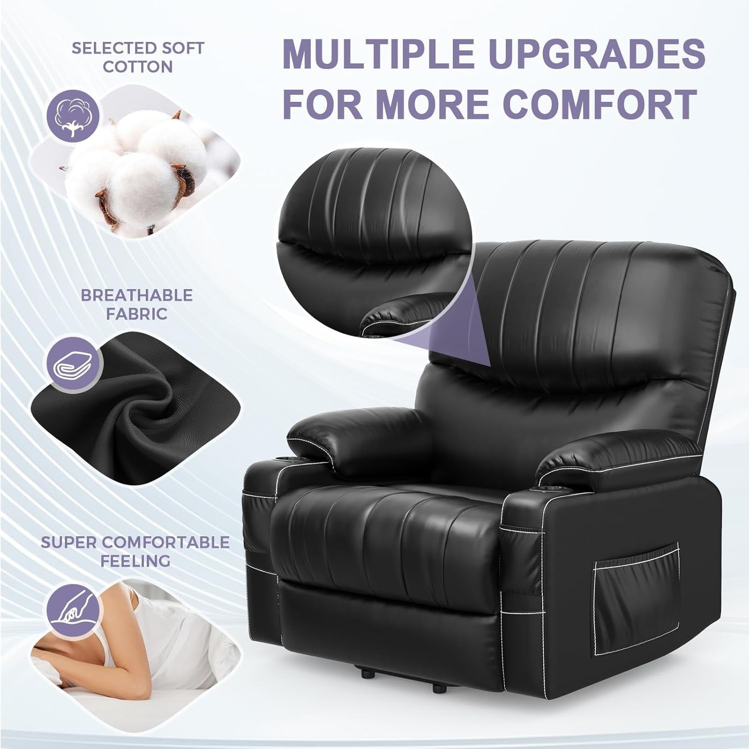 Electric Lift Recliner Chair Massage Heat USB Type-C Oversized Black Armchair