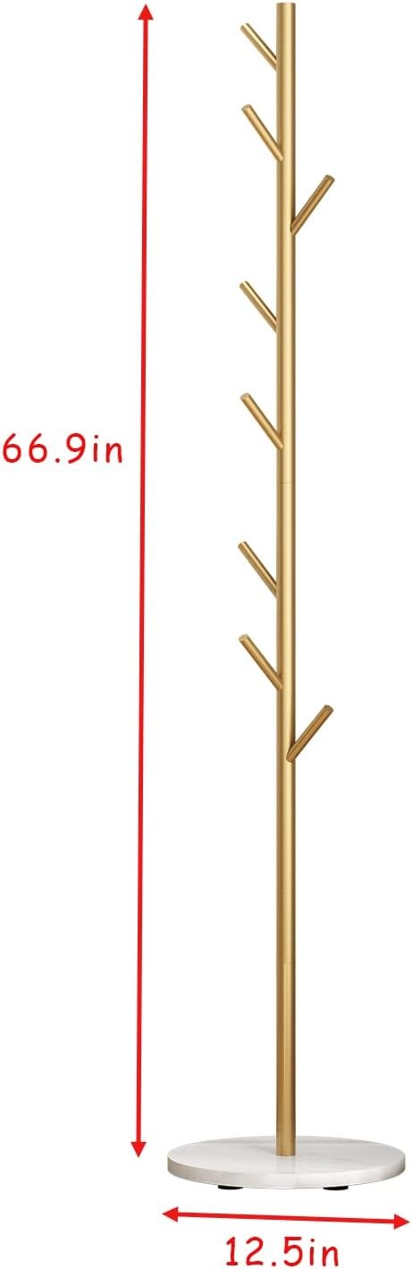 Gold Metal Coat Rack with Marble Base | Freestanding Hall Tree for Coats, Hats