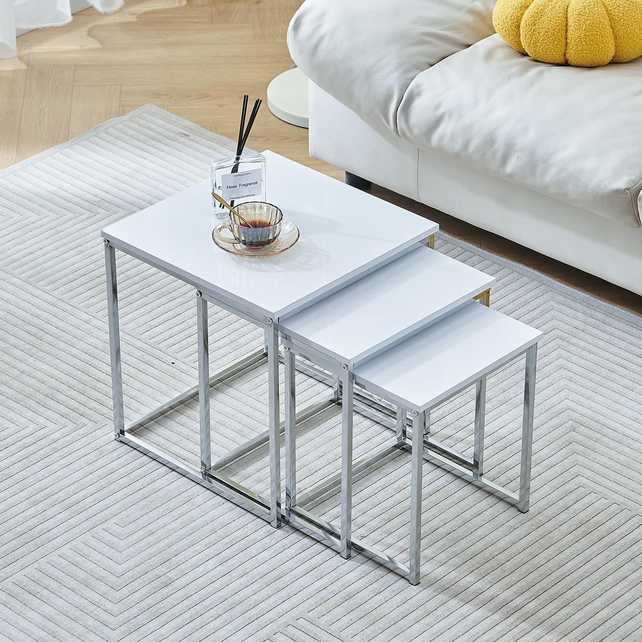 Space Saving Nesting Coffee Tables Set of 3 White Modern Side End Living Room