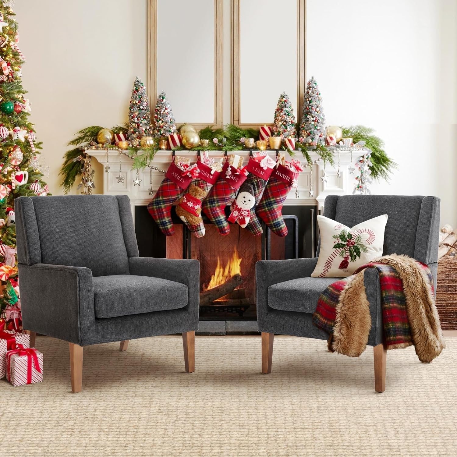 Grey Wingback Accent Armchair Upholstered Lounge Wood Legs