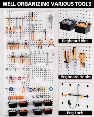 Metal Pegboard Wall Organizer Kit 48x24 Inch 158pcs Hooks White