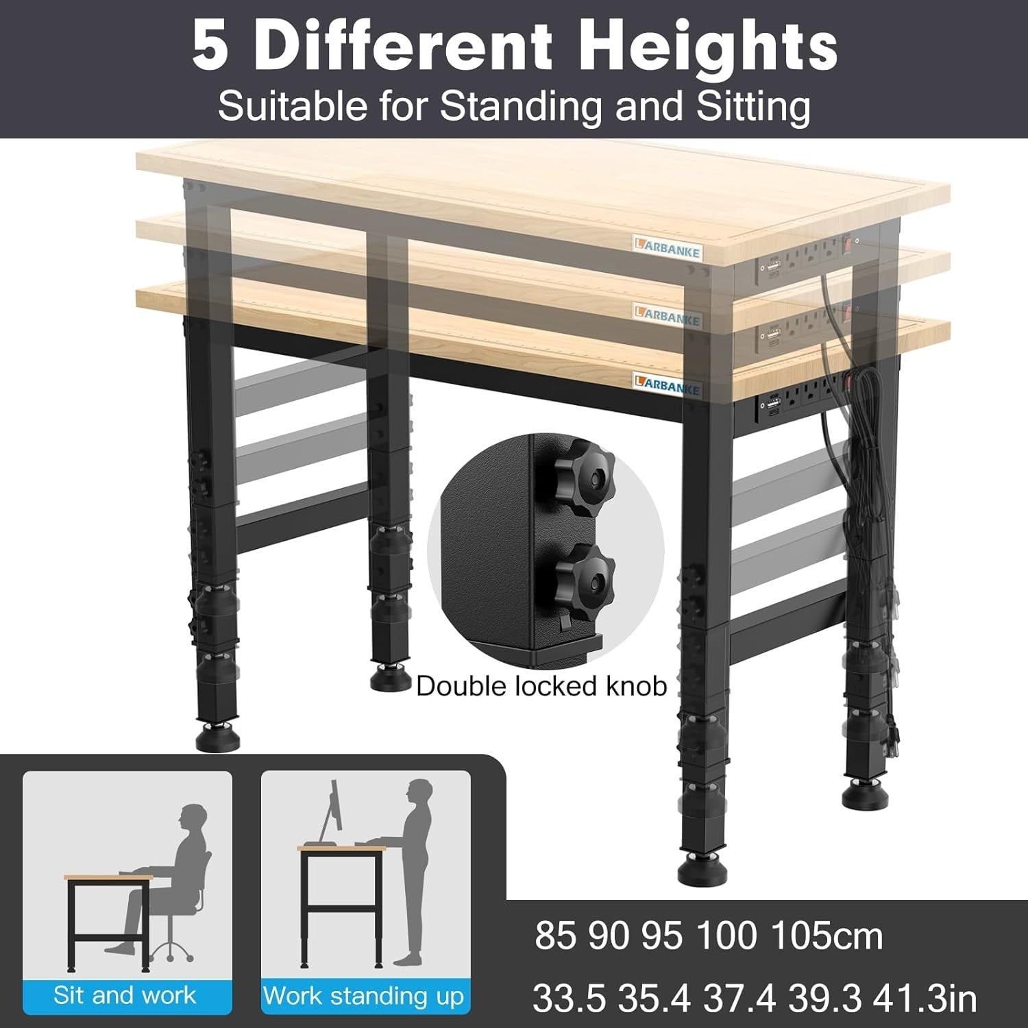 120cm Adjustable Workbench 900kg Heavy Duty Rubberwood Table with Power Panel