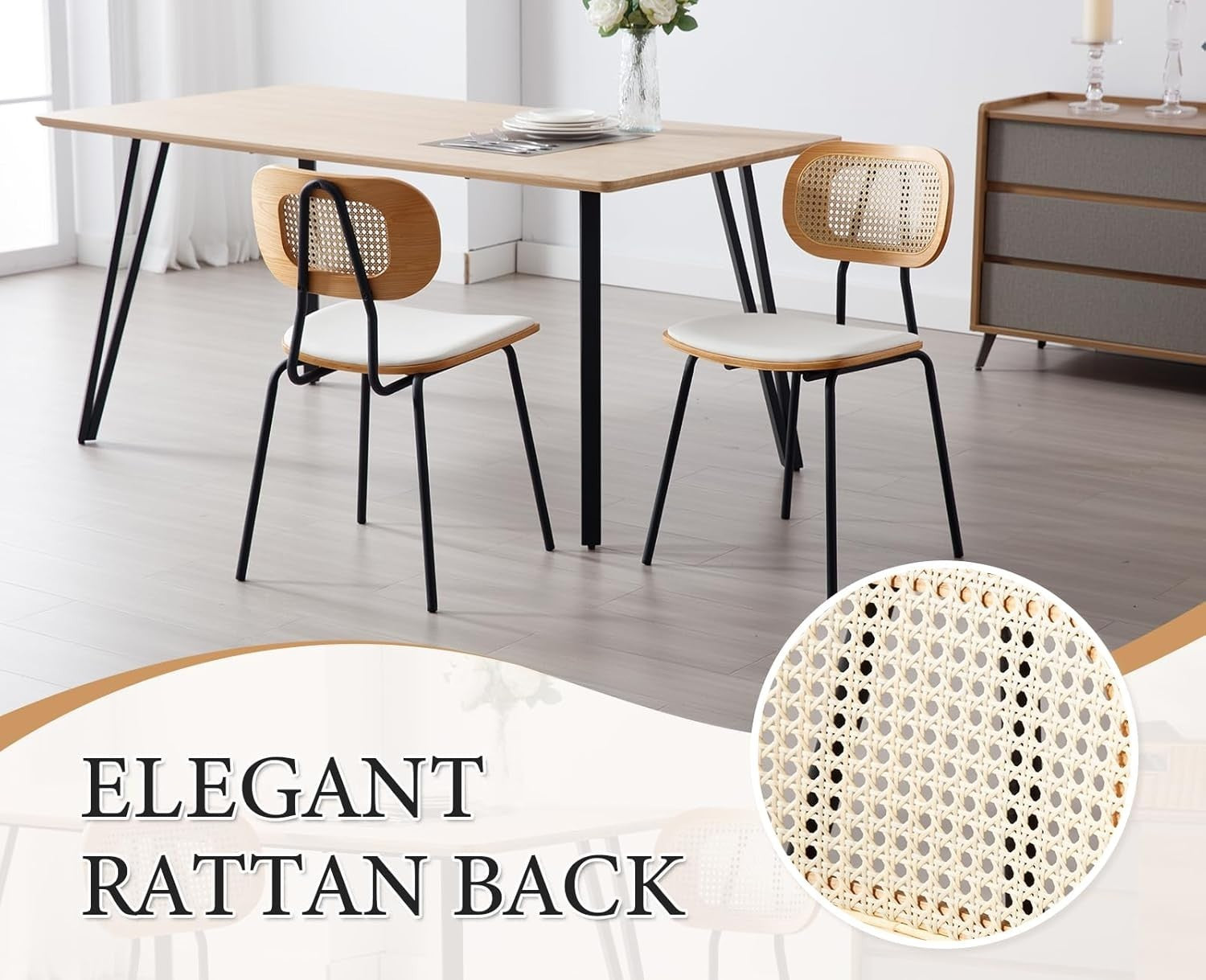 White Rattan Dining Chairs Set of 2 Metal Legs Modern Kitchen Dining Seats