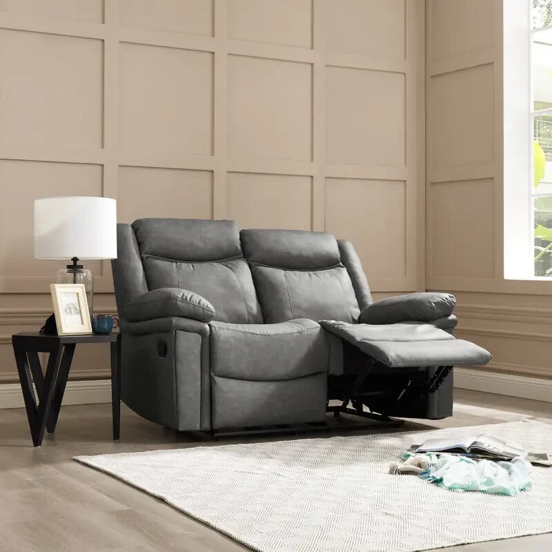2 Seater Manual Recliner Sofa Grey Faux Leather Padded Lounge Couch