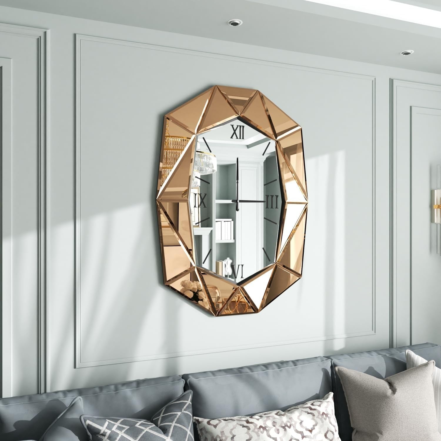 Beveled Glass Wall Clock Mirror with Roman Numerals 100x72cm Luxury Decor