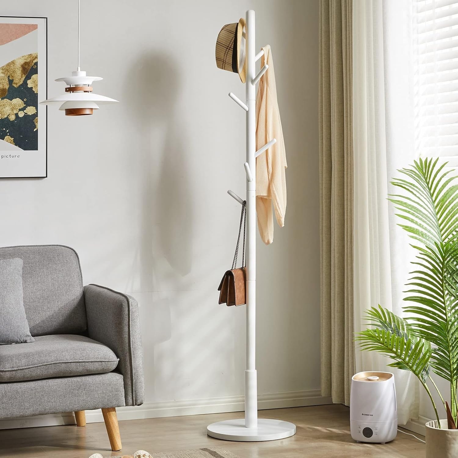 Modern White Wooden Coat Rack 8 Hooks Adjustable Height Free Standing Hanger
