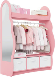 Kids Wardrobe with Mirror, 3 Drawers & Hanging Rail, Pink Cloud Design