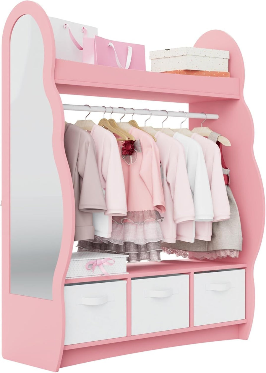 Kids Wardrobe with Mirror, 3 Drawers & Hanging Rail, Pink Cloud Design