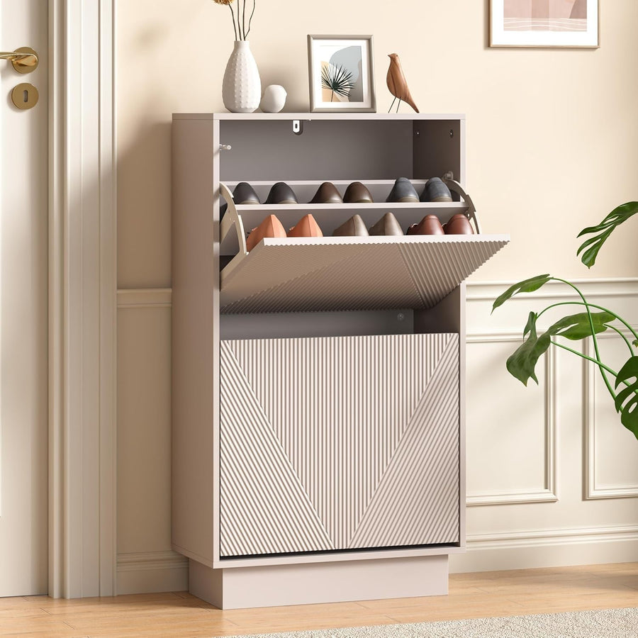 Slim Shoe Storage Cabinet Cashmere | 2 Flip Drawers, Anti-Tip, 91cm Tall