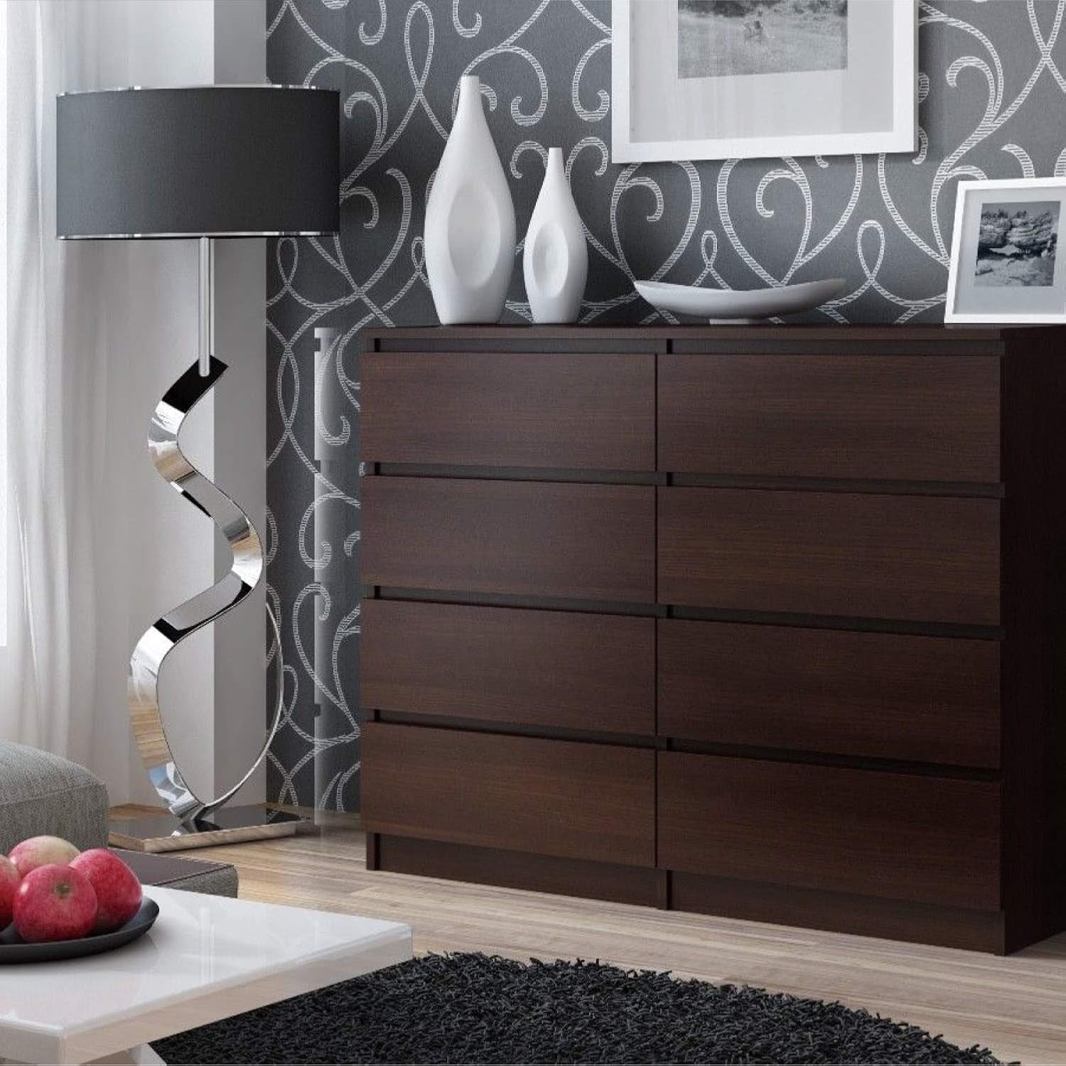 Wenge 8 Drawer Chest Wide Tall Modern Storage Cabinet 120cm MDF