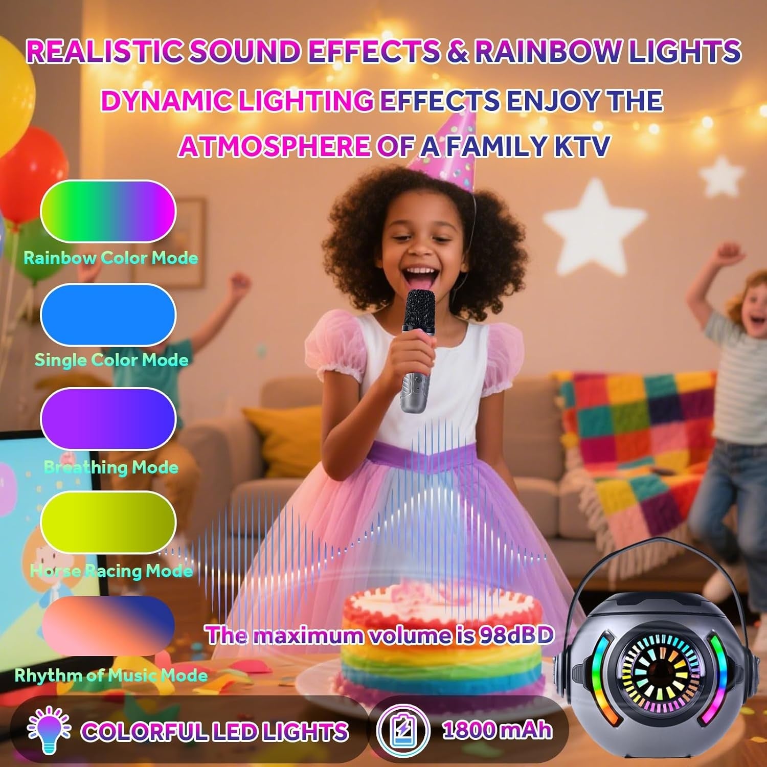Black Kids Karaoke Machine with 2 Wireless Mics LED Bluetooth