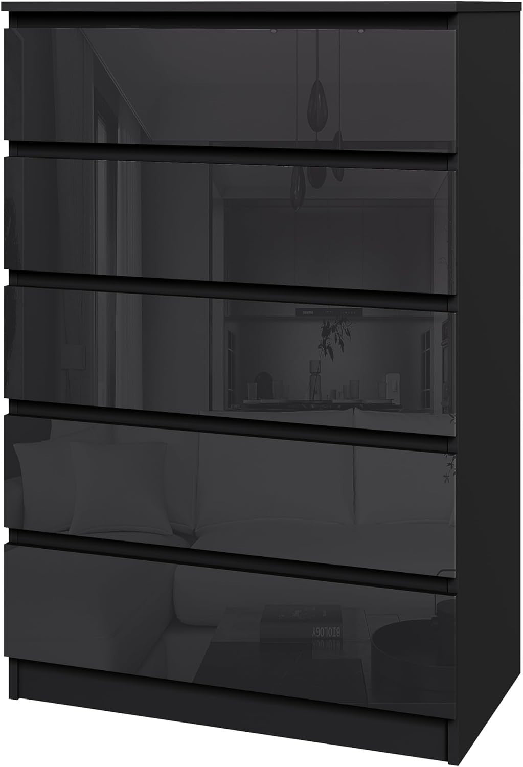 High Gloss 5-Drawer Wooden Dresser Chest Bedside Storage Organizer Black