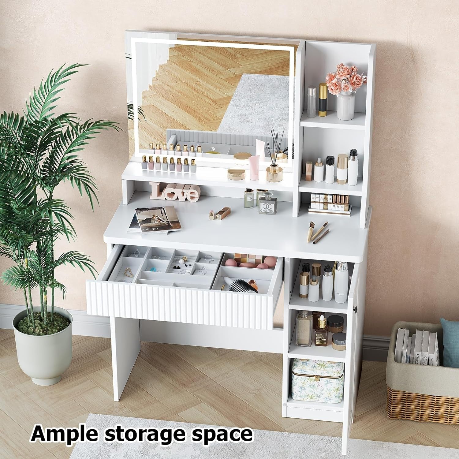 White Vanity Makeup Dressing Table Mirror Lights Storage Desk Modern