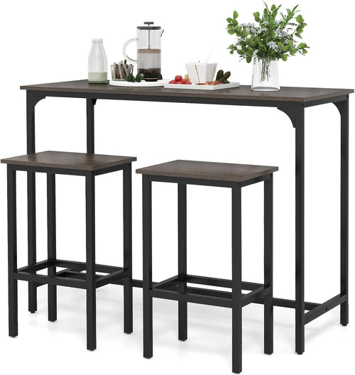 3PCS Gray+Black Bar Table Set with 2 Stools, Metal Frame Dining Set Furniture