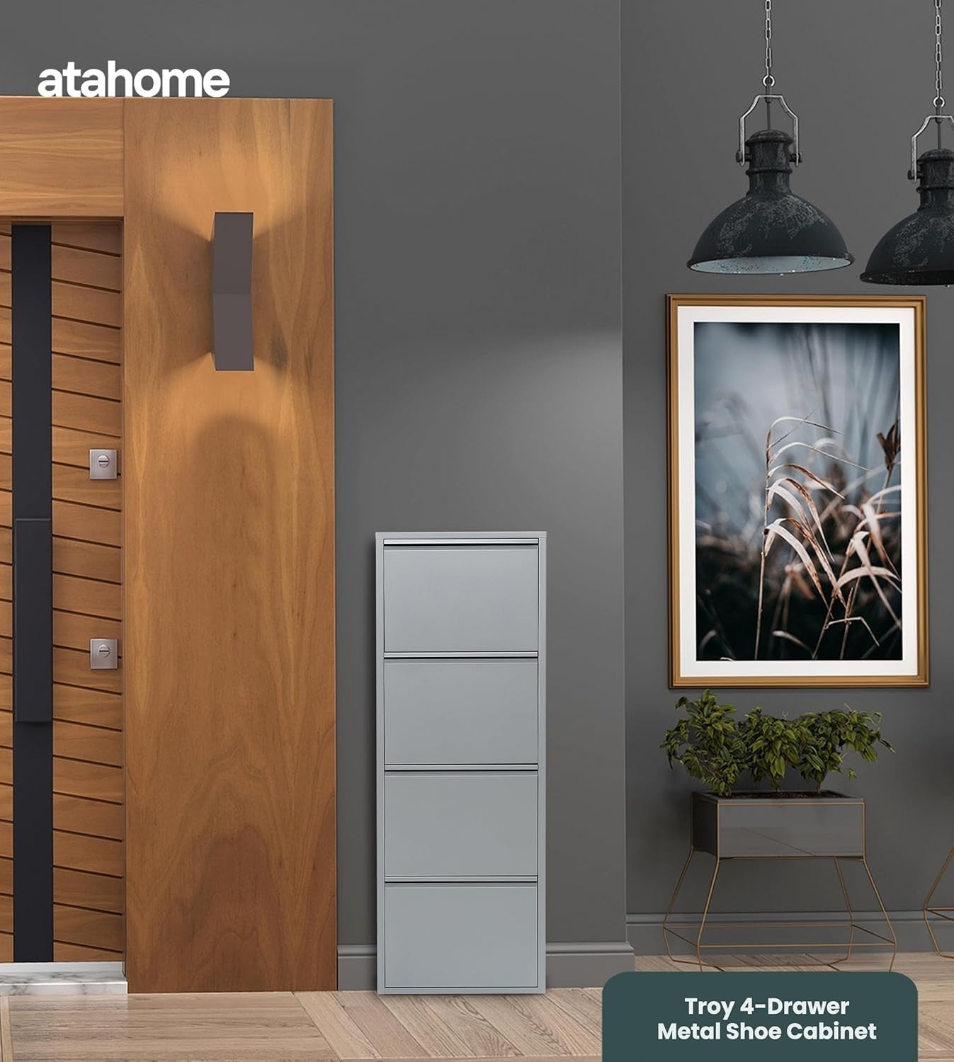 Slim Wall Mounted Shoe Cabinet 4-Tier Metal Storage Rack 138cm Grey