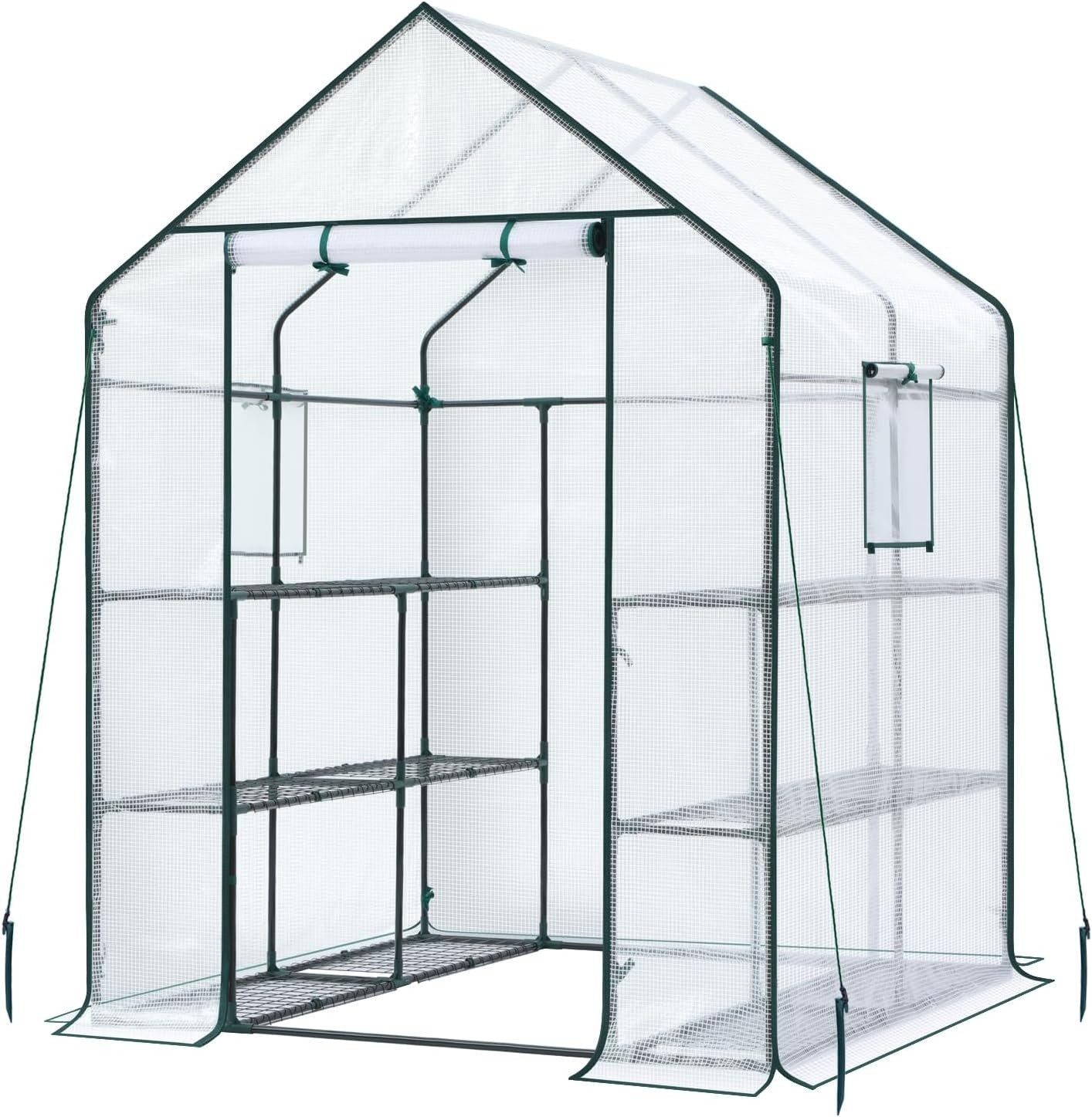 Walk-In 3 Tier 12 Shelf Greenhouse | White PE Cover Heavy-Duty Garden Growhouse