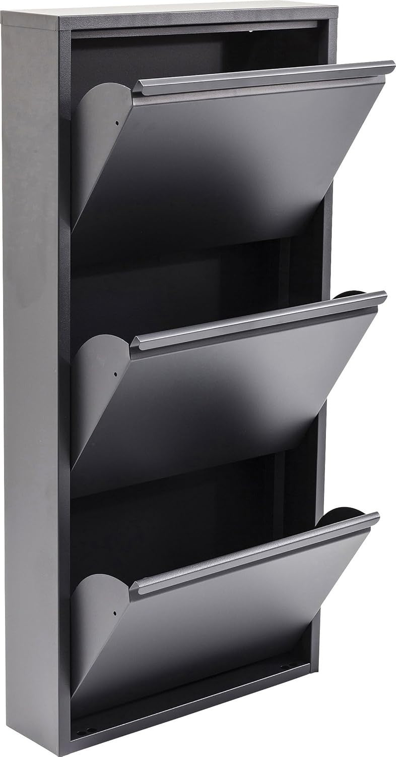 Slim Grey Shoe Cabinet 3 Flip Compartments Space-Saving Storage Rack