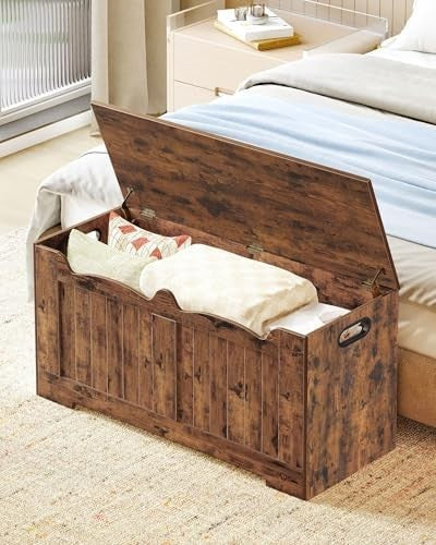 Rustic Brown Lift-Top Storage Bench with Shoe Organizer & Wooden Trunk