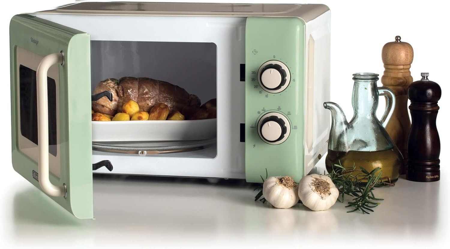 20L 800W Vintage Mechanical Microwave with 5 Power Levels, Green