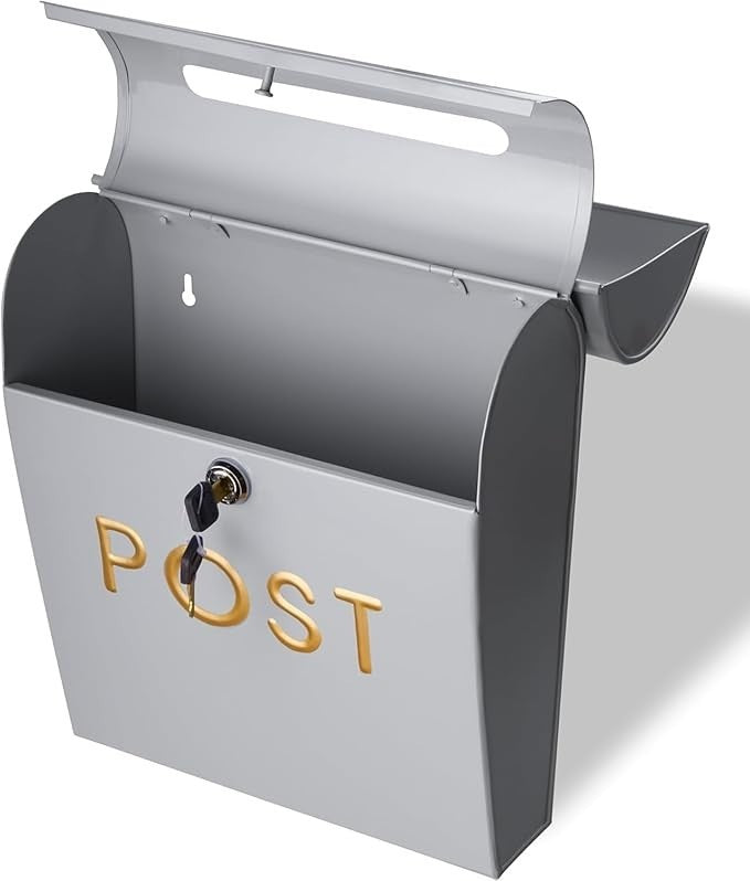 Lockable Wall Mounted Post Box Grey Aluminium Mailbox Secure Outdoor Use