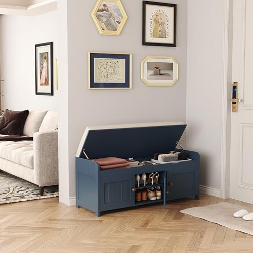 Blue Shoe Storage Bench with Cushion Seat 3-Door Cabinet & Hidden Compartment