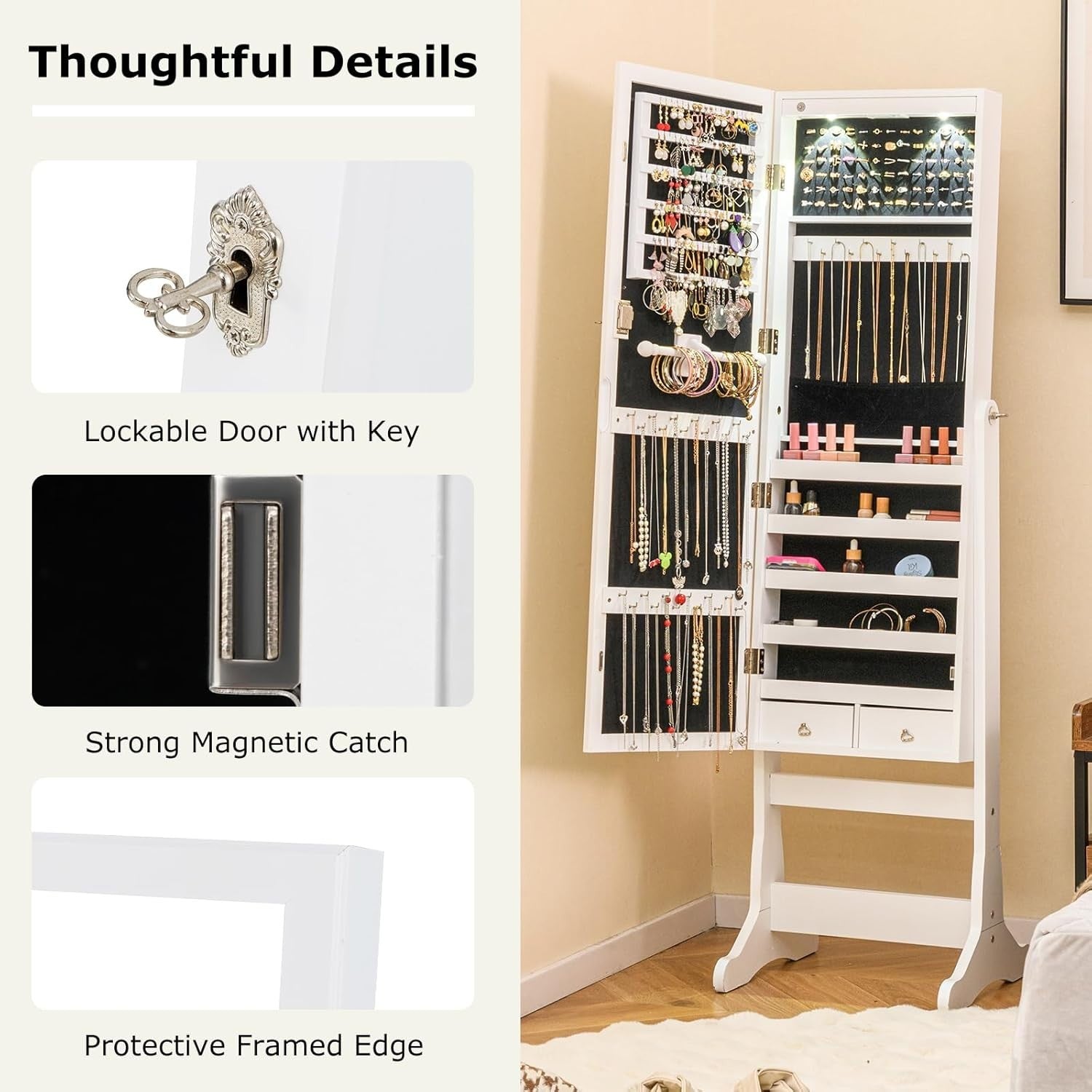Freestanding LED Jewelry Cabinet Lockable Full Length Mirror Storage