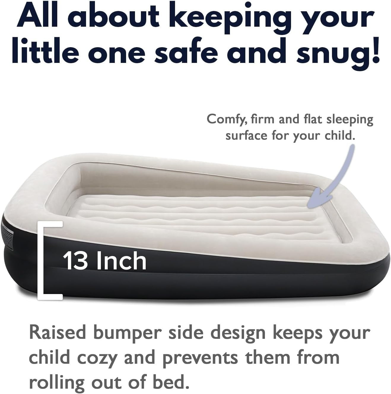 Black Toddler Inflatable Travel Bed with Safety Bumper & Built-In Pump