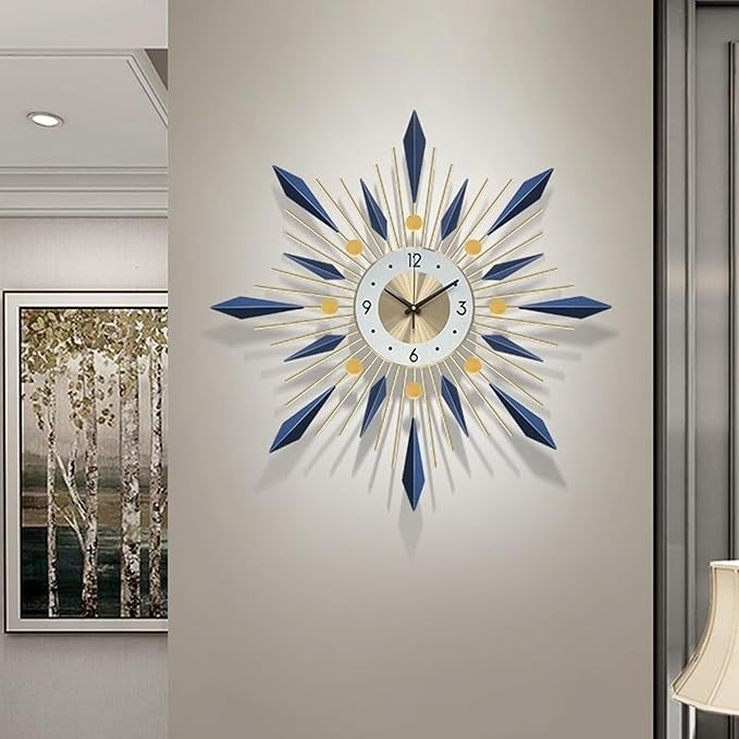 60cm Large Sunburst Wall Clock Modern Silent Metal Blue Gold Home Decor