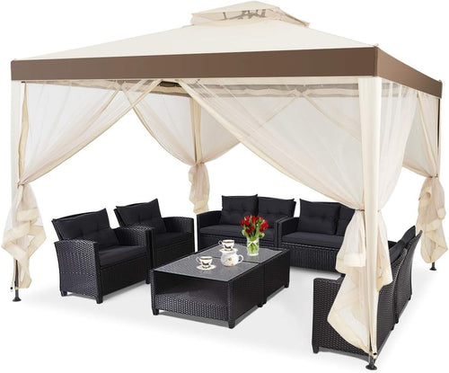 3x3M Beige Outdoor Gazebo With Zipped Mesh Sidewalls Double Roof Patio Tent