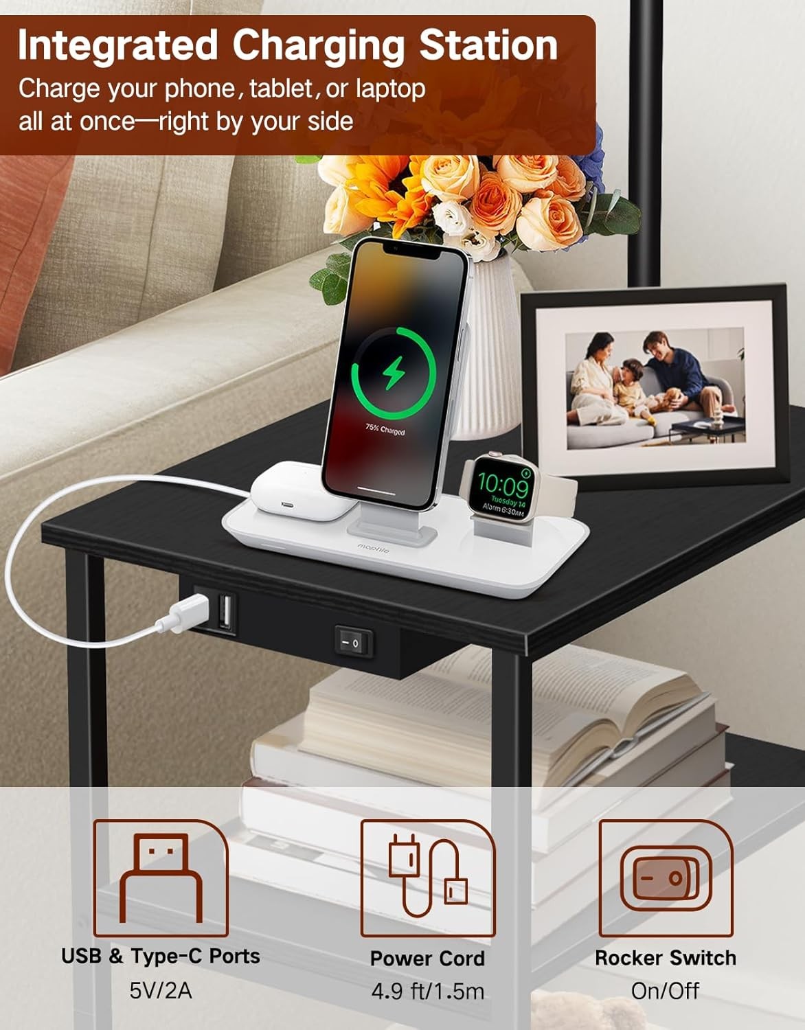 Floor Lamp with Table & Remote, Dimmable LED, USB Charging, Black