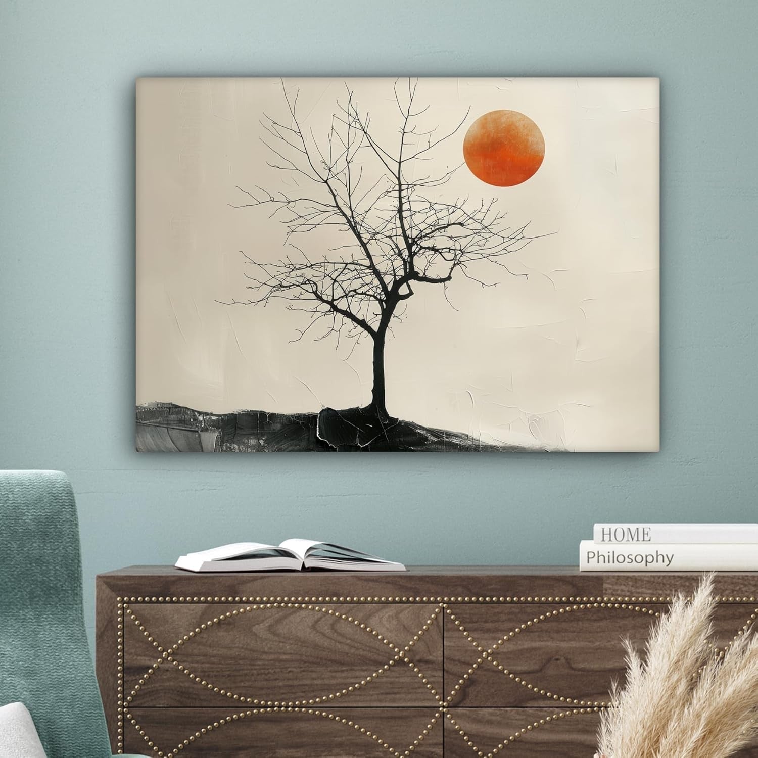Large Canvas Wall Art 70x50cm Modern Black Tree Orange Moon Print