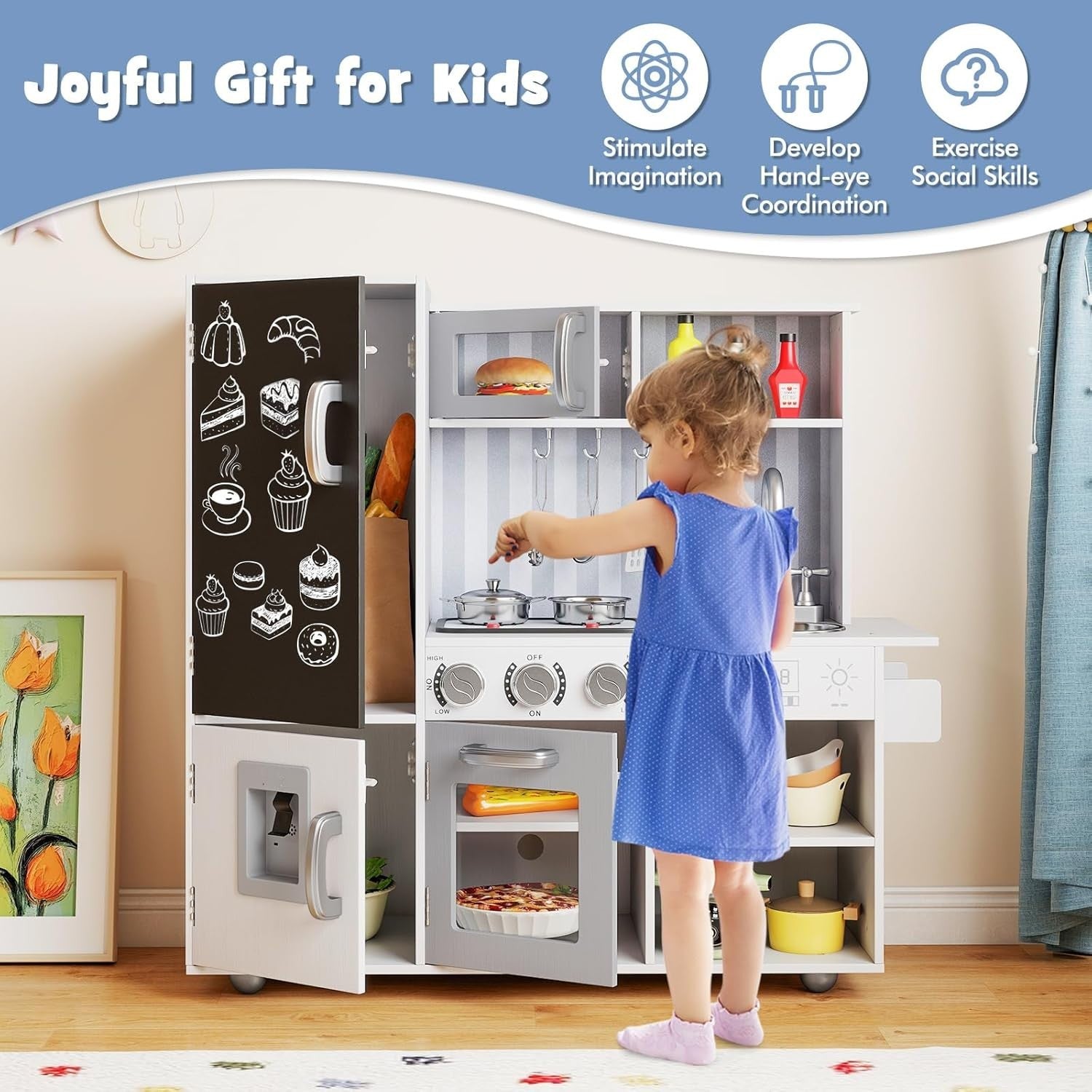 Kids Wooden Play Kitchen Lights Sounds Water Dispenser White Silver