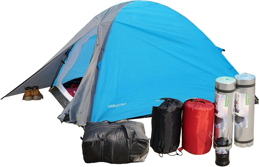2 Person Camping Tent Set Sleeping Bags Mats Lantern Kit