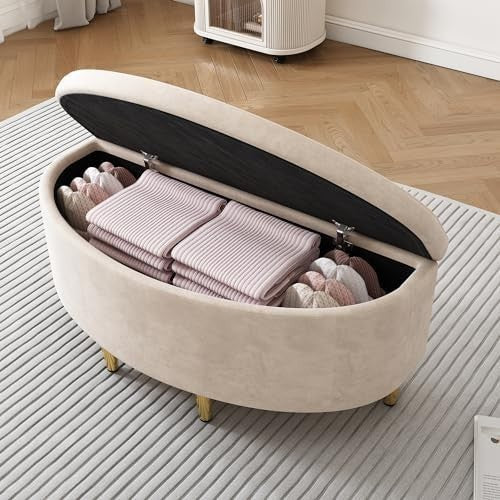 ModernLuxe Ottoman Storage Bench Velvet Footstool with Metal Legs 90x40x42cm