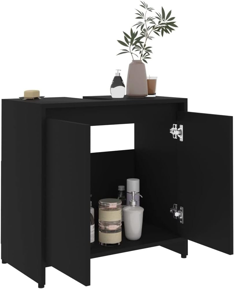 Modern Black Bathroom Sink Cabinet – 2 Door Under Sink Storage Unit 60x61cm