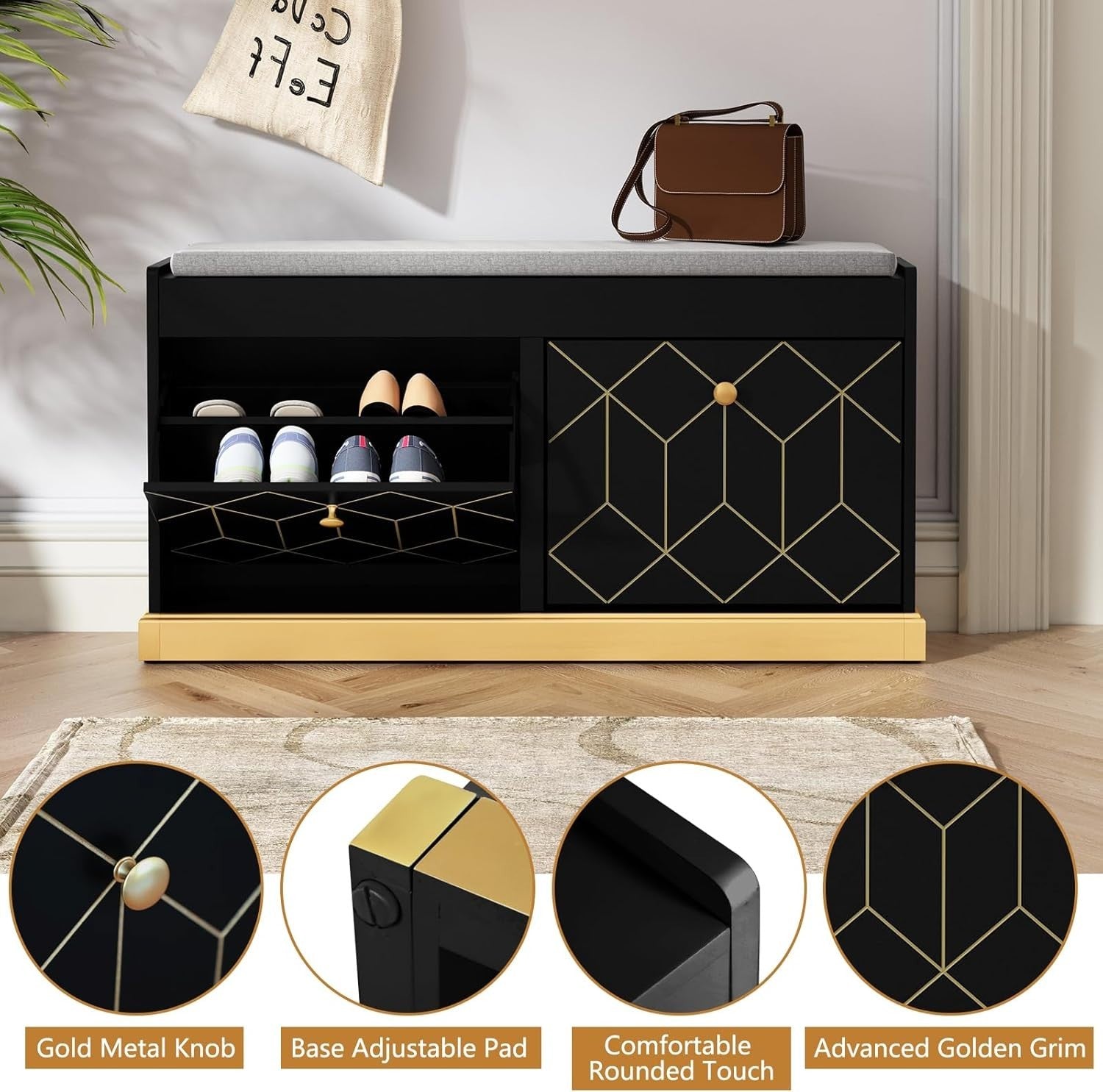 Black Shoe Bench with Cushion & Flip Drawer Hallway Storage 99.6x27.2x49.5cm