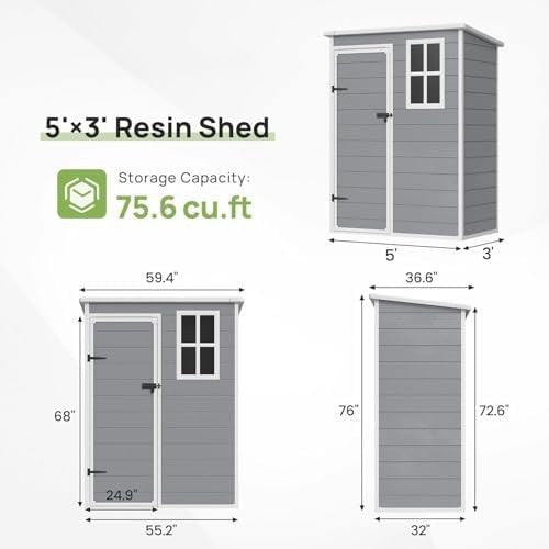 Amopatio 5x3ft Resin Garden Storage Shed Lockable Tool Bike Patio Grey & White