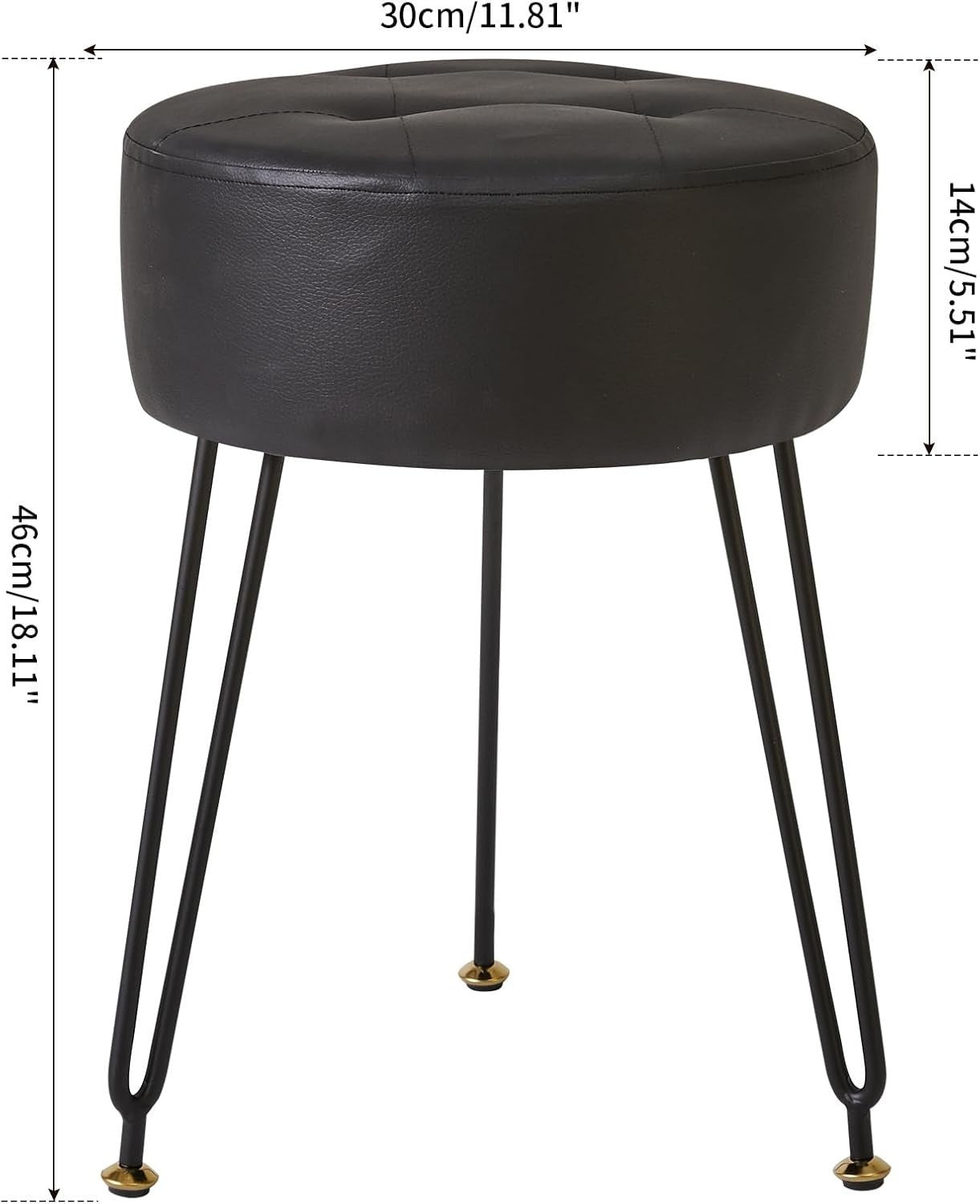 Black PU Round Footrest Stool – Velvet-Soft Vanity Seat with Gold Legs