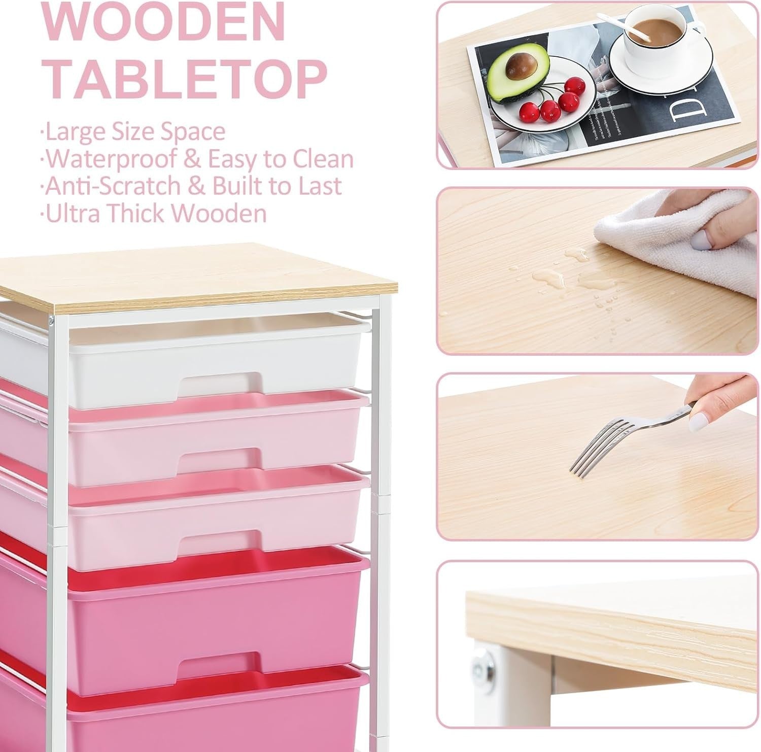 5 Drawer Rolling Storage Cart Pink Utility Organizer Trolley Wheels